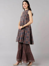 Women Blue Cotton Printed A-Line Kurta Sharara Set With Dupatta-VKSKD1371